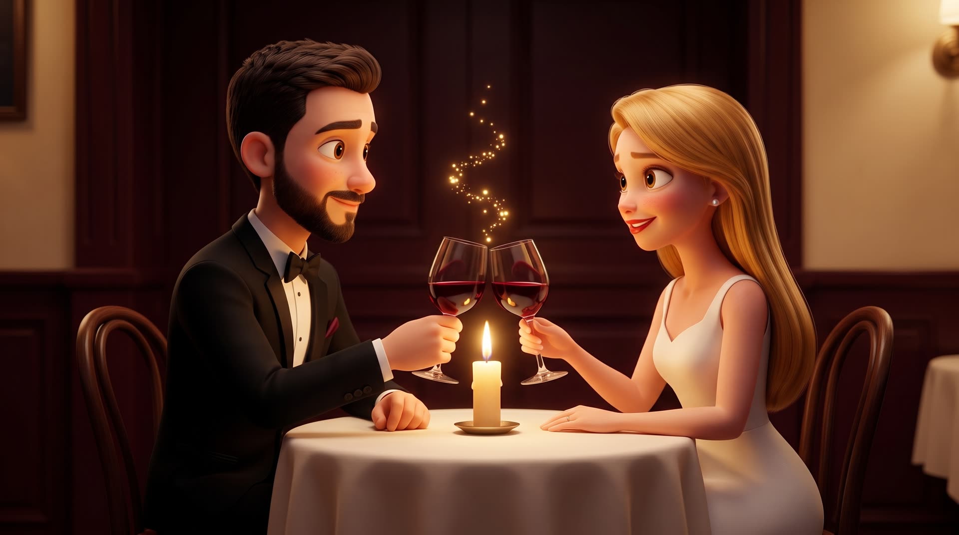 Luisa e Felipe brindando no primeiro jantar